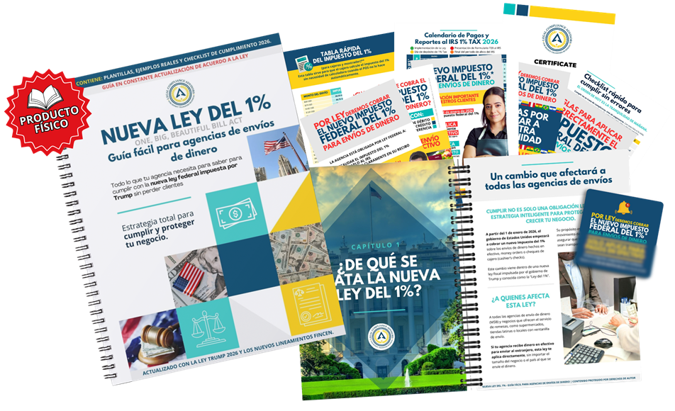 Agencia de envíos de dinero explicando el nuevo impuesto del 1 por ciento en 2026 según la Ley del 1%, impuesto federal en efectivo para remesas.